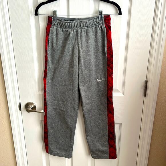 Nike Track Pants Athletic Training Warm Up Gray Red Side‎ Stripe Boys Size M - Picture 1 of 8